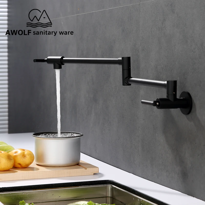 Kitchen Sink Faucet Tap Brass Wall Mounted Pot Filler Matte Black Floding Faucet With 24\