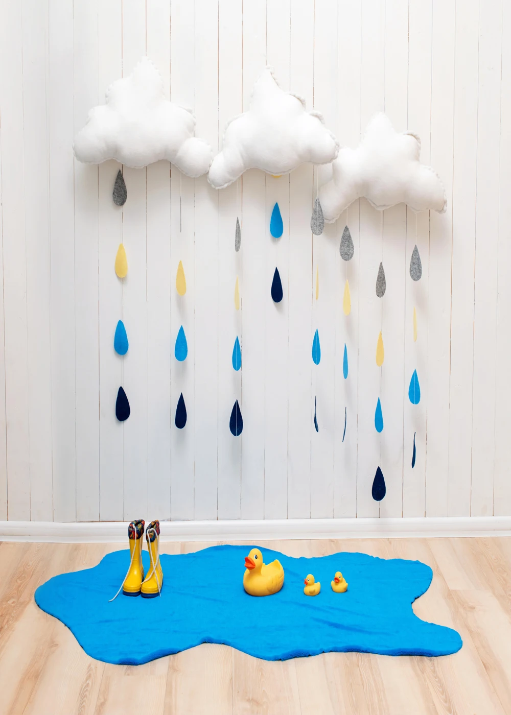 Виниловый фон для студийной фотосъемки детей в стиле каписко с изображением деревянного пола дождя облака желтой утки