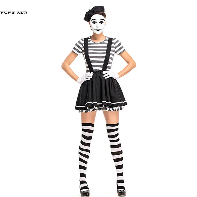 

New Women Halloween Acrobatic Clown Costumes Criminal Female Prisoner Cosplay Carnival Purim Nightclub Bar Role Play Party Dress