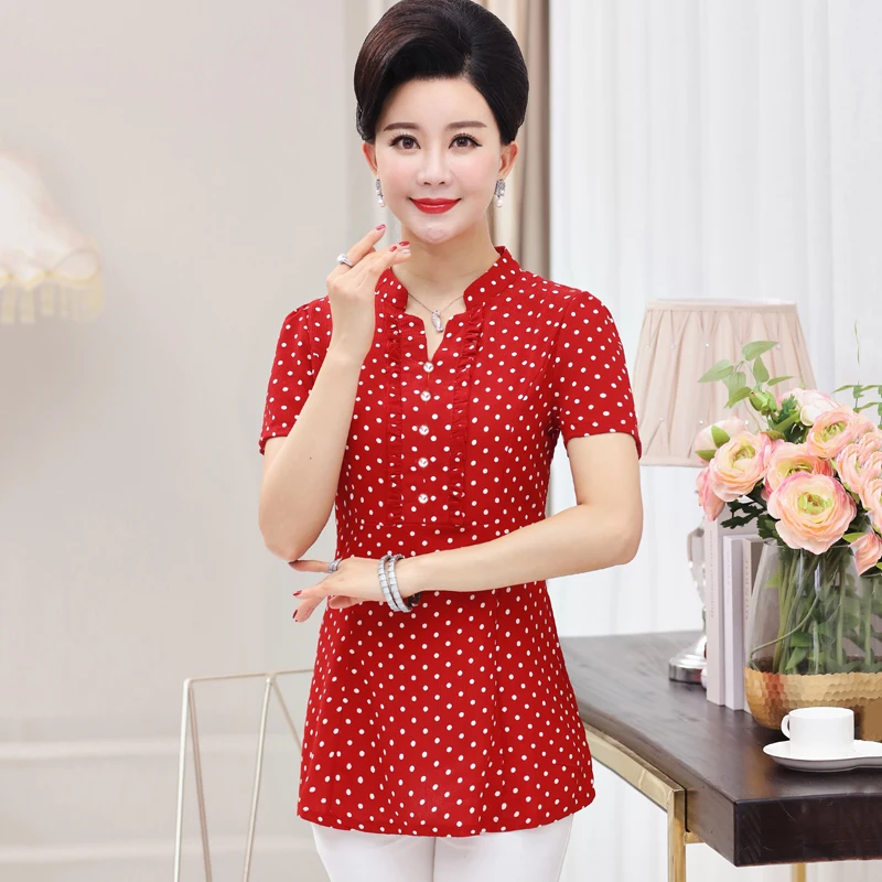 Summer Elegant Polka Dot Printed Women T shirt Tops 5XL 3XL 4XL Mother Clothes Female Short Sleeve Buttons V-Neck Casual Tee