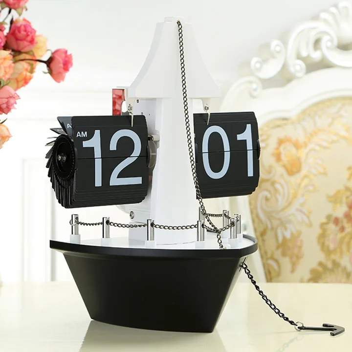 Retro Auto Flip Clock, Vintage Table Clock, Page Steamship, Sailboat, Decorative Kids Room, Digital Desk Watch, Home Decor