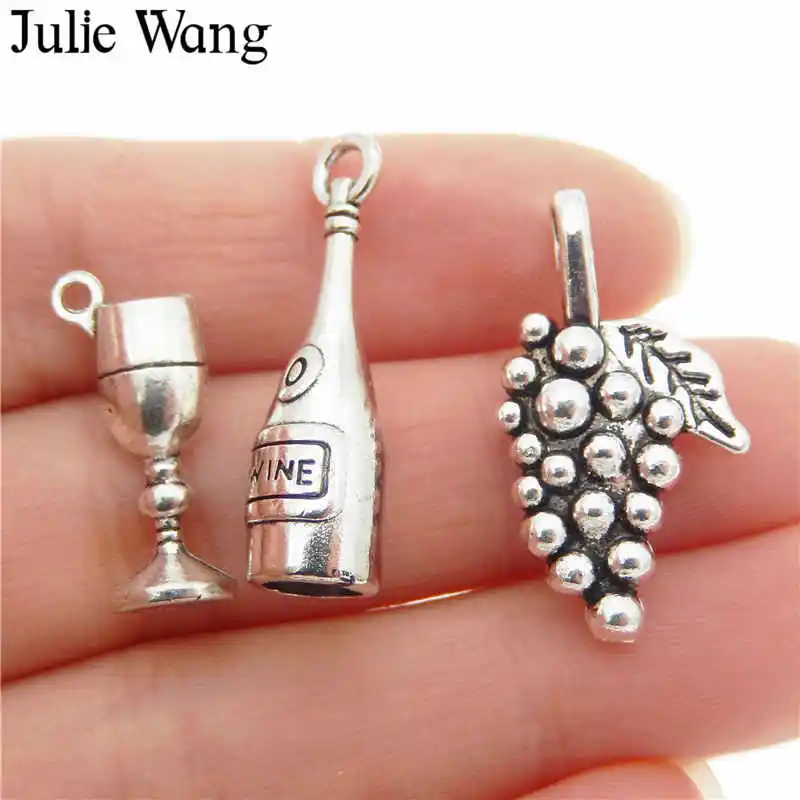 Julie Wang 12PCS Wine Bottle Goblet Grape Set Charms Antique Color Alloy Earrings Bracelet Jewelry Making Pendant Accessory