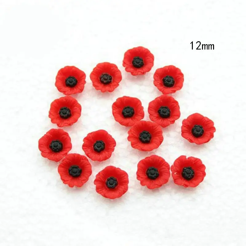 200pcs Chic Resin Poppy Flower Cabochon Flat Back Artificial Red Flower Beads Miniature Poppy Flower Jewelry Accessory 12mm