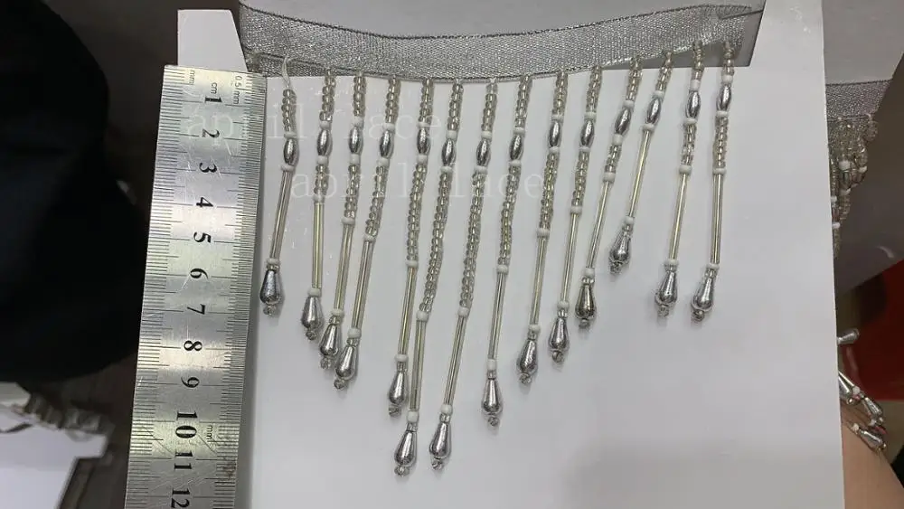 cou002# 10  yards/bag 7-10 cm width silver pendents beads ribbon fringe tassel for garment/decorative/wedding bridal gown dress