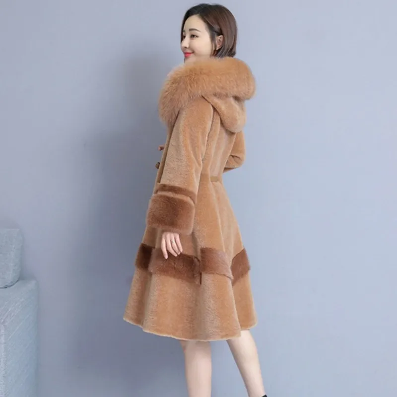 UHYTGF Luxury Fox Fur Collar Hooded Winter Fur Coat Women Sheep Shearing Long Outerwear Mink Warm Fur Jacket 4XL Loose Size 1027