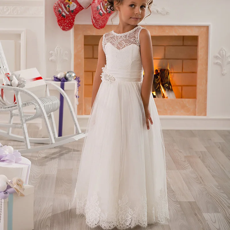 Juwel Ärmellose Spitze A-linie Kleine Kinder Schöne Blumen Mädchen Kleider Für Hochzeiten Lange Baby Sommer Kleidung Vestido De Comunion