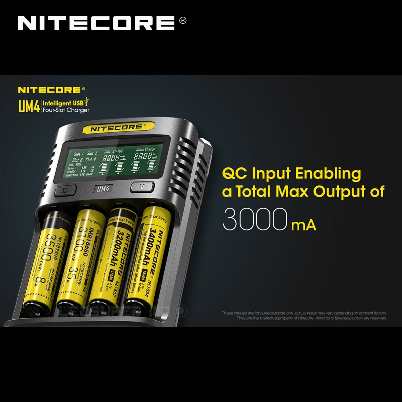 Intelligent Nitecore UM4 Four-Slot USB Charger Compatible with Battery IMR Li-ion LiFePO4 Ni-MH Ni-Cd