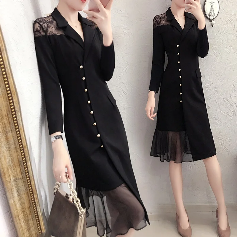 Black Patchwork Blazer Dress Female Long Sleeve Single Breasted A Line Midi Dresses Autumn Korean Fashion Clothing New DD2005