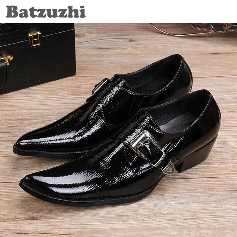 

Batzuzhi Japanese Style Fashion Square Toe Men's Shoes Black Leather Dress Shoes Men Buckle Low Help Wedding/Business Shoes Men