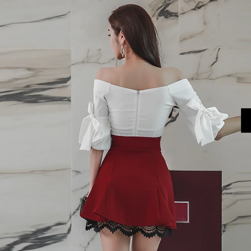 2 Piece Set Women Suit OL Set 2022 White Half Sleeve Slash Neck Blouse Shirt Tops and Mini Red Skirts Business Two Piece Set