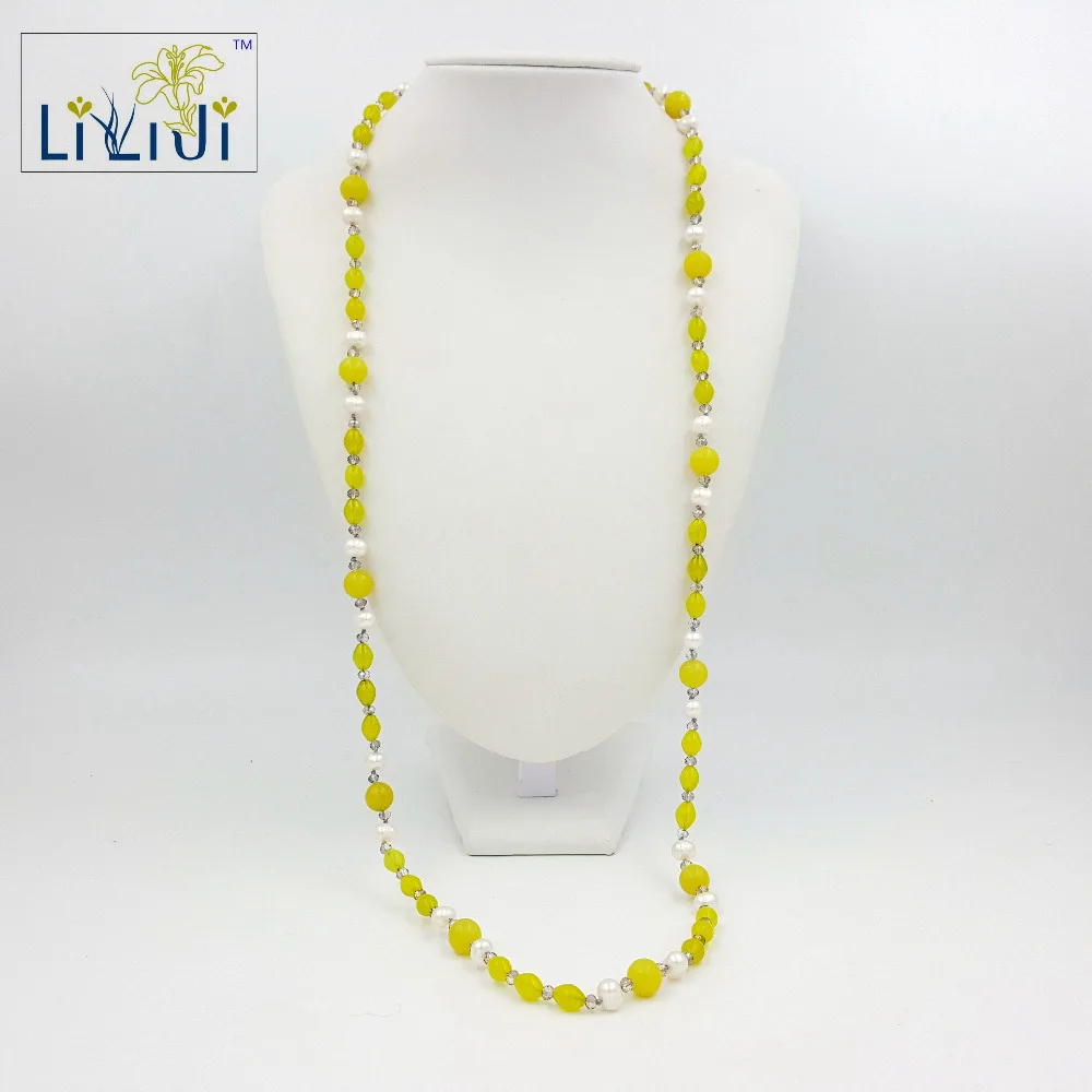 LiiJi Unique Natural stone Korea lemon jades beads&White freshwater pearl&Grey crystal women fashion necklace 86cm/34inches