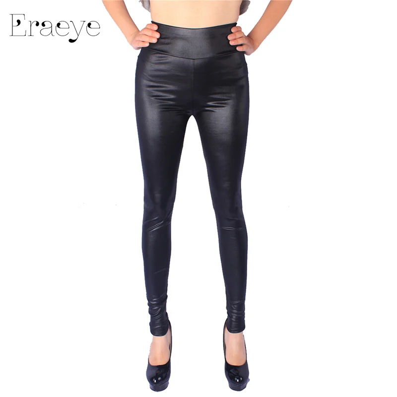 ERAEYE Women High Elastic Thin Faux Leather Leggings Large Size Xl-5XL Imitation Leather Pants Skinny Shiny Black Plus Leggings