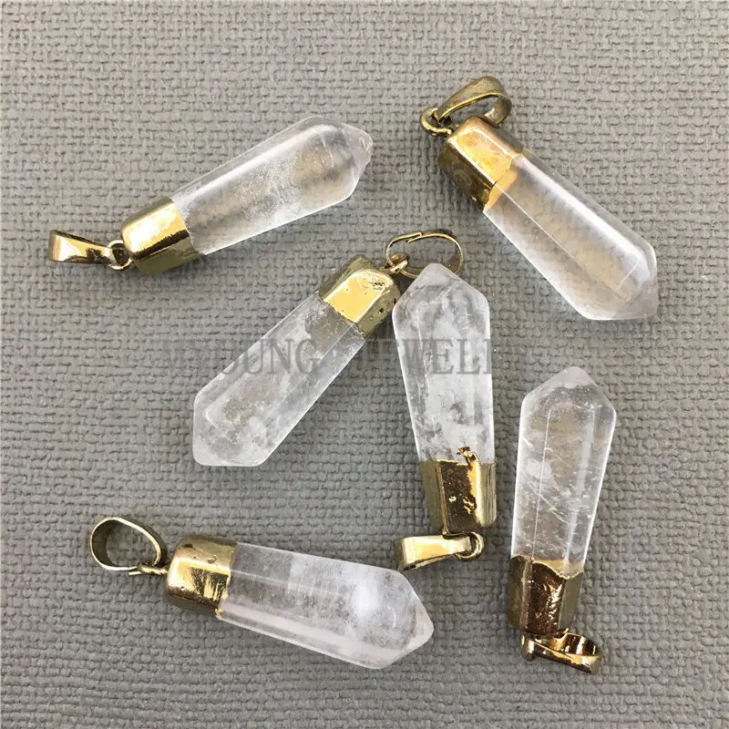 MY 0243 Clear Crystal Quartz Petite Spike Pendant Charm with Pure Gold Color Layered Cap