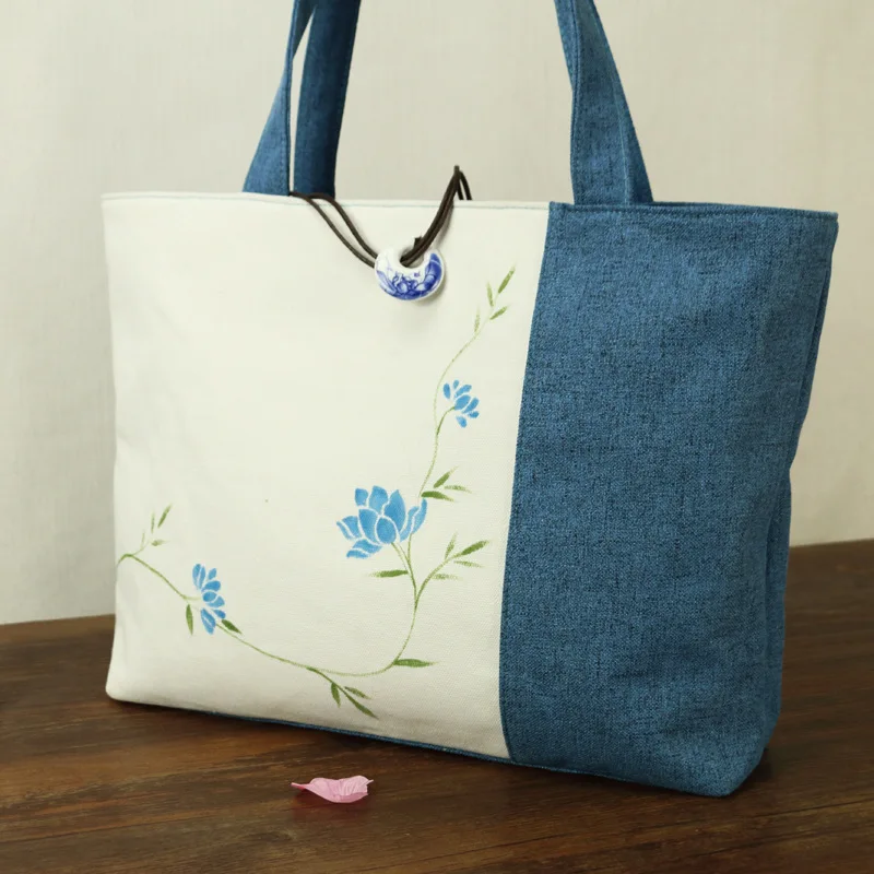 China National Style Women Bags Hand Painted Flower Shoulder Bag Fashion Cotton Linen Women Handbags  PT935