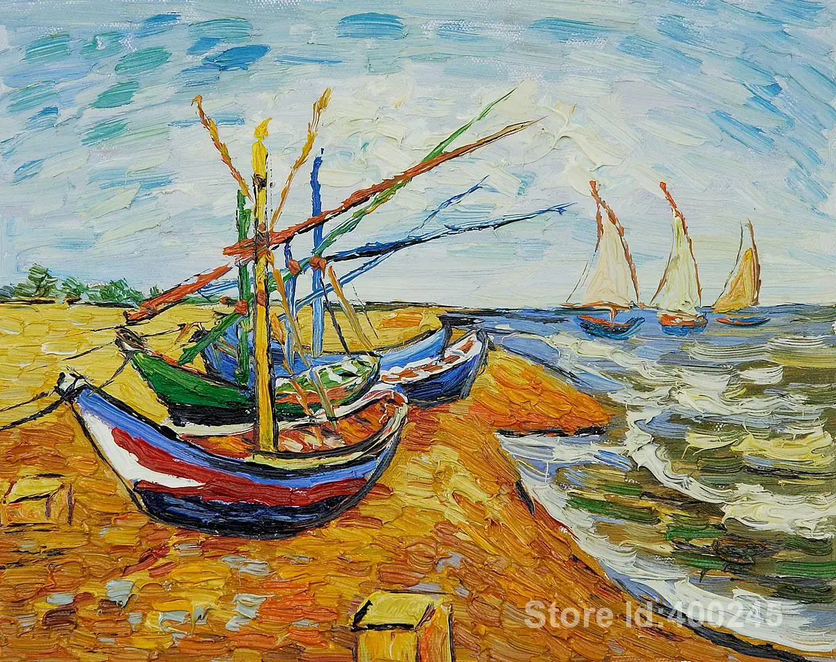 

Hand Painted Vincent Van Gogh Paintings of Boats at St Maries Modern Art Seascape Canvas Artwork Home Decoration High Quality