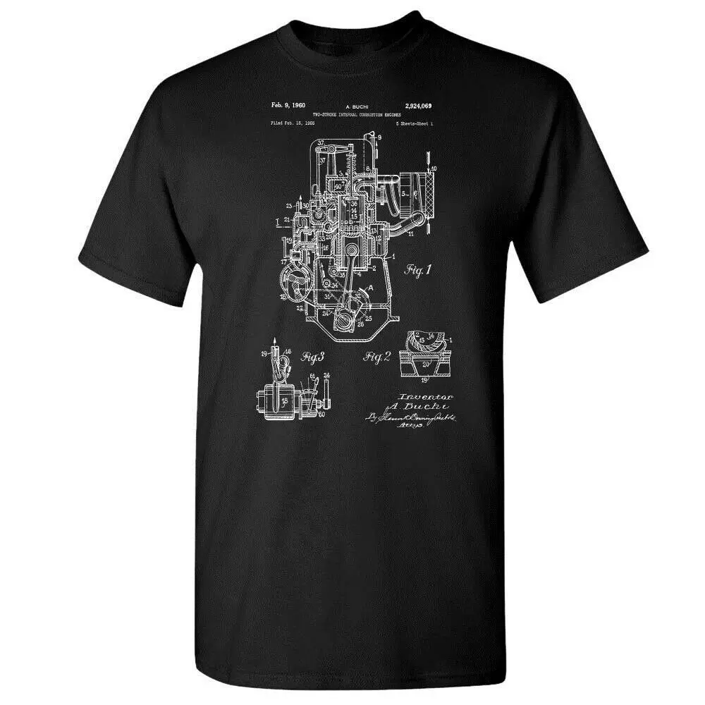 T Shirts Fashion  Buchi Two Stroke Engine T-Shirt Car T-shirt Car Engine Engine Design Patent Gift Crew Neck Men