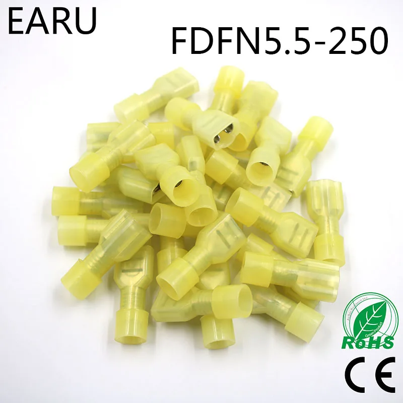 FDFN5-250 FDFN5.5-250 NYLON brass Female Insulated Spade joint Cable Wire Connector 100PCS/Pack suit 4-6mm2 12-10AWG FDFN Plug