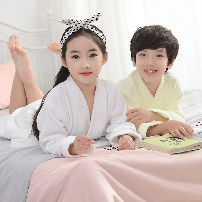 

Summer Kids Bathrobe 100% Cotton Towel Fleece Robes Girl Solid Pajamas Warm Pyjama Teenager Bath Robe Swimming Clothing White