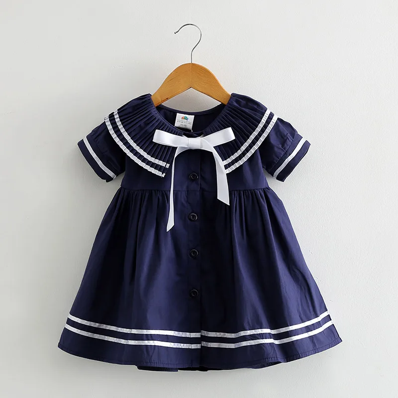 2024 Summer 2 3 4 5 6 8 10 Years Children Cute Short Sleeve Botton Bow Sailor Collar Patchwork Navy Blue Little Kids Girls Dress