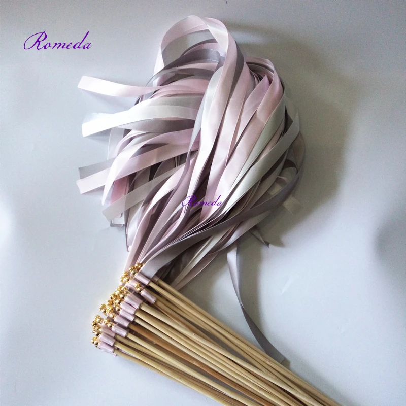 

New Design 50pcs/lot Grey Pink White wedding ribbon stick with gold bell for wedding decoration