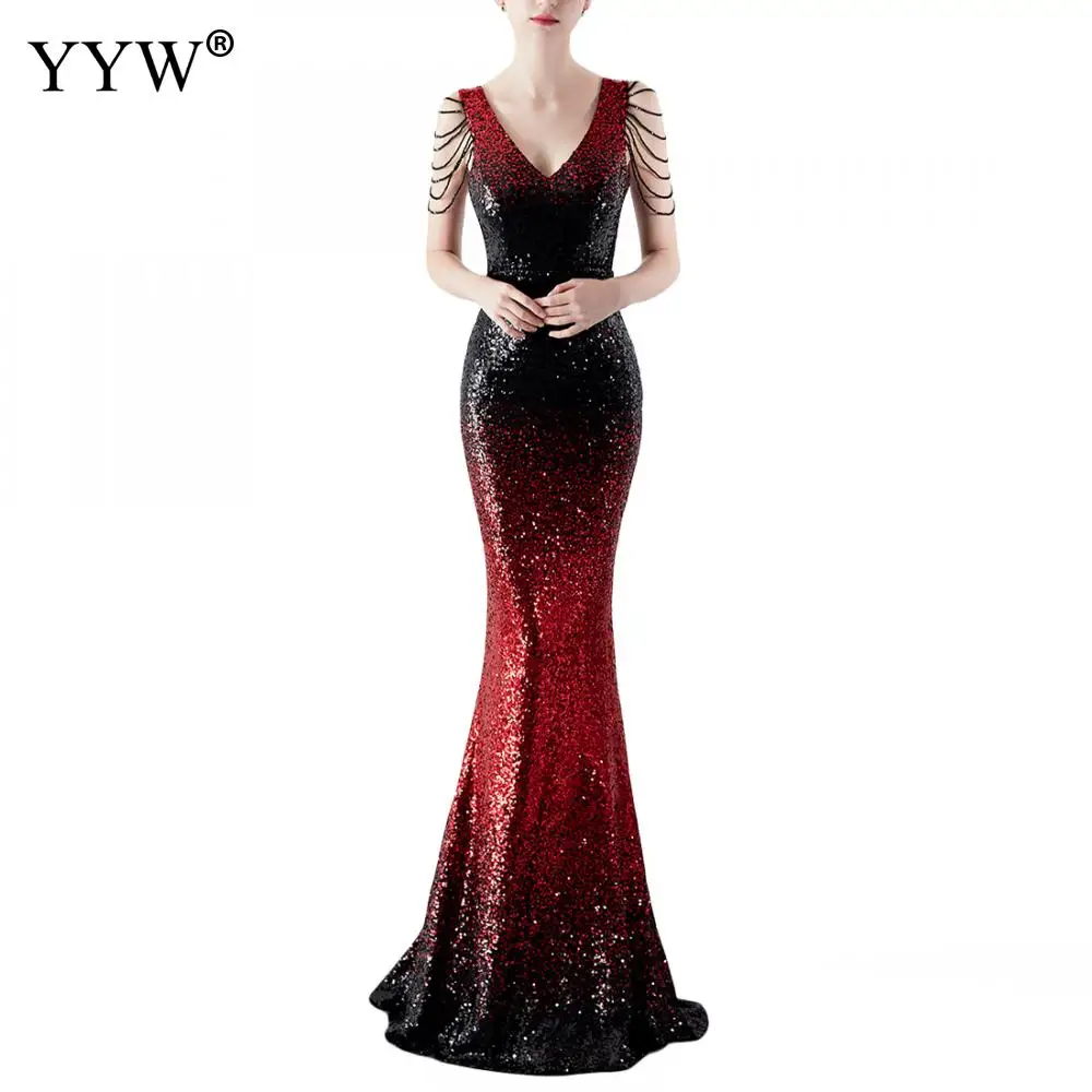 Robe De Soiree 2020 New Sexy V-Neck Sleeveless Mermaid Long Dress Gradient Sequined Evening Dresses Ladies Elegant Formal Gowns