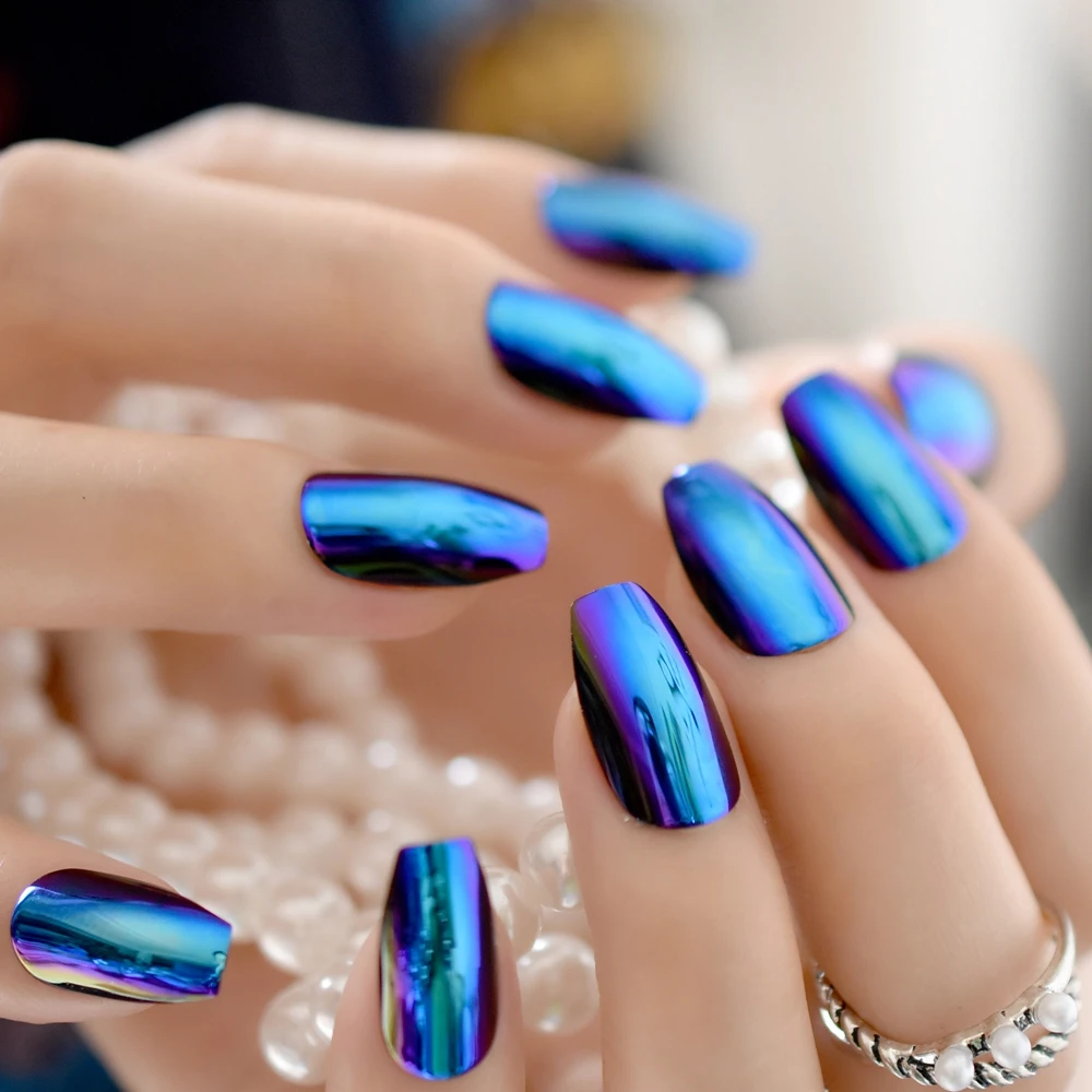 Ballerina Coffin Nails Tips Mirror Chrome Reflection False Nail Magic Mirror Effect Holo Blue Purple Fake Nails