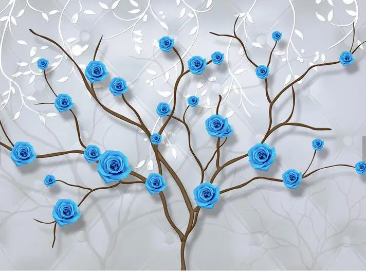 3D Embossed Wallpaper Blue Rose Pattern TV Background Modern Europe Wall Art Mural for Living Room Large Painting Home Decor