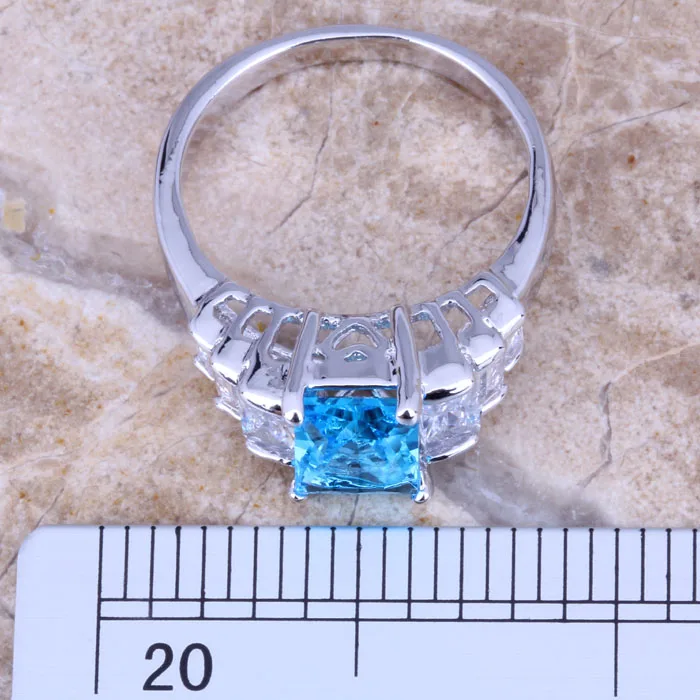 Graceful Rectangle Sky Blue Cubic Zirconia White CZ Silver Plated  Women's Jewelry Ring Size 6 / 7 / 8 / 9 R0517