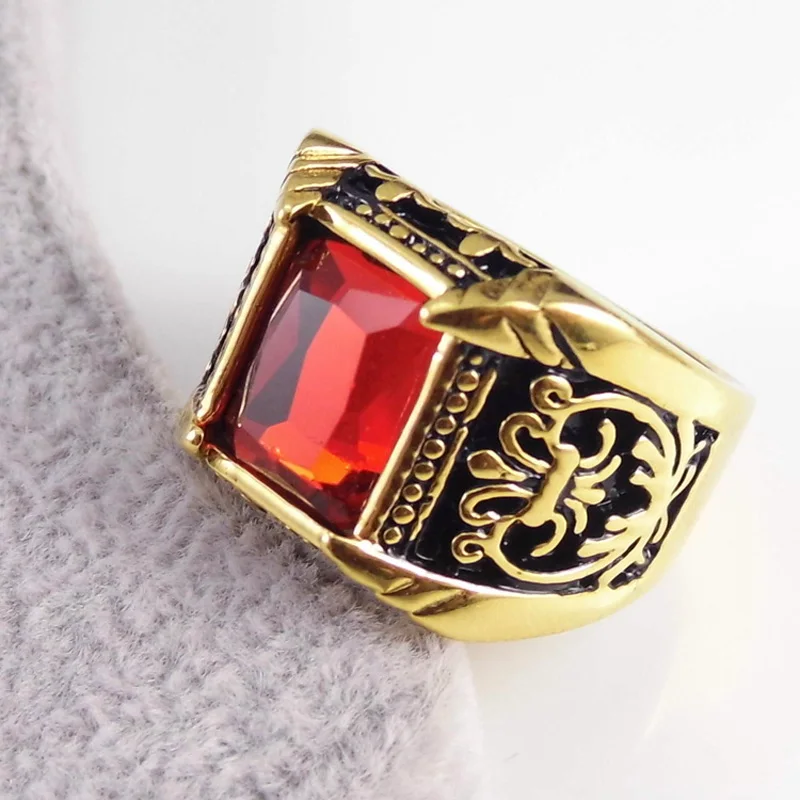 Brand Jewelry Vintage Antique Gold Color Crystal Ring For Men Stainless Steel Big Square Stone Finger Ring Male Men Jewelry