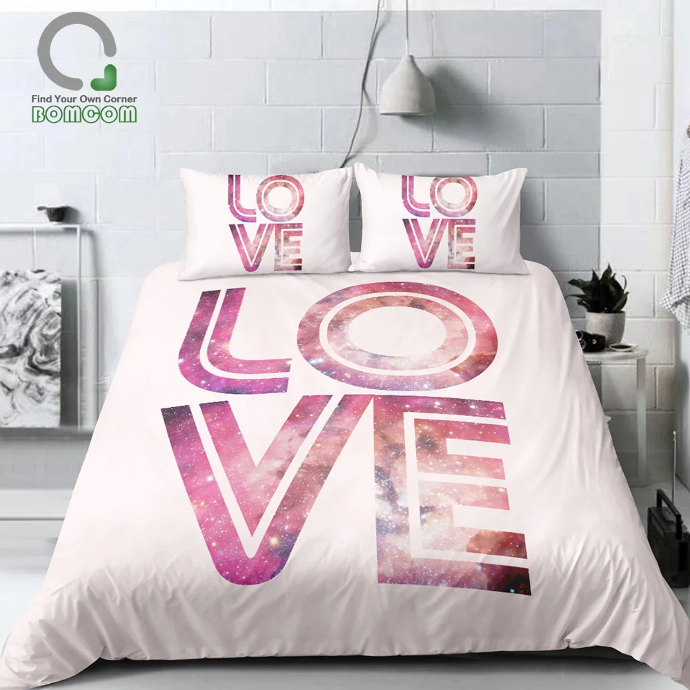 

BOMCOM Romantic Love Duvet Cover Set Pink Love With galaxy Backdrop 100% Microfiber