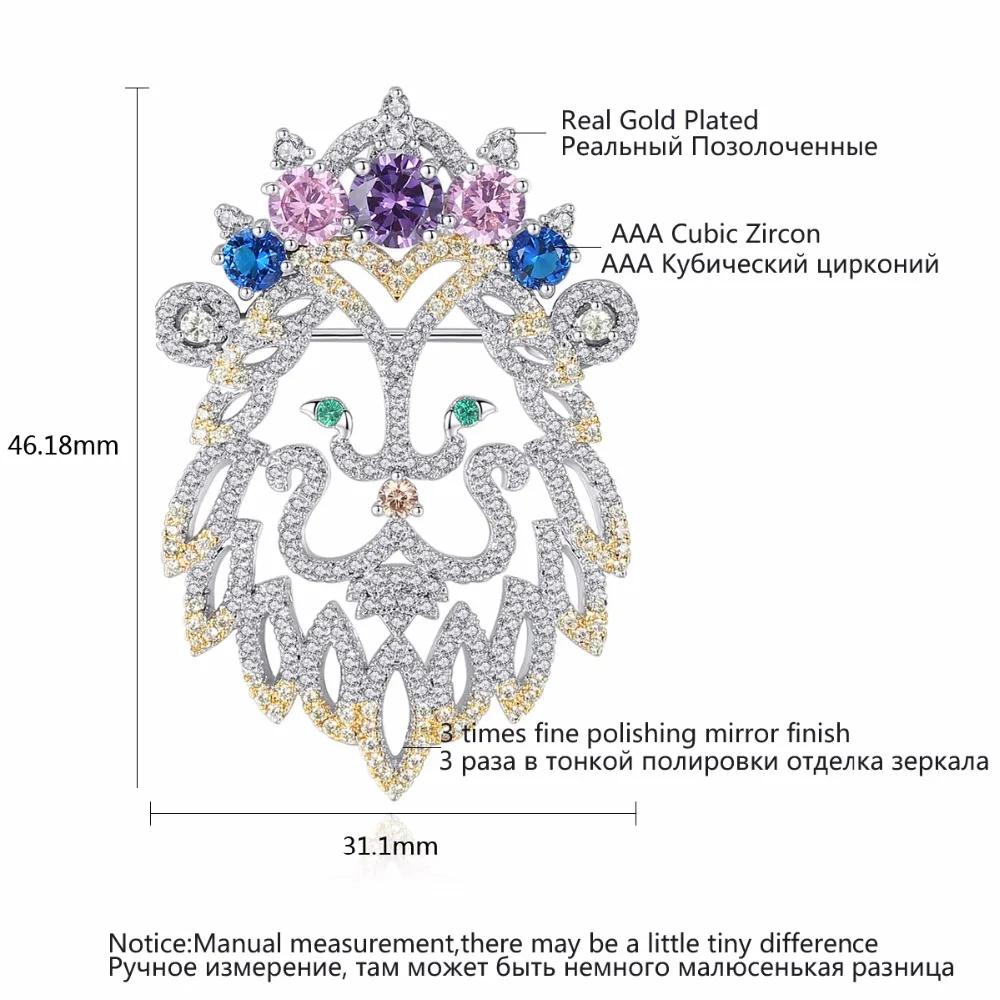 LUOTEEMI Rainbow CZ Lion Head Women Brooch Pins Cute Animal Fashion Girl Party Accessories Friend Elegant Gifts brose femei