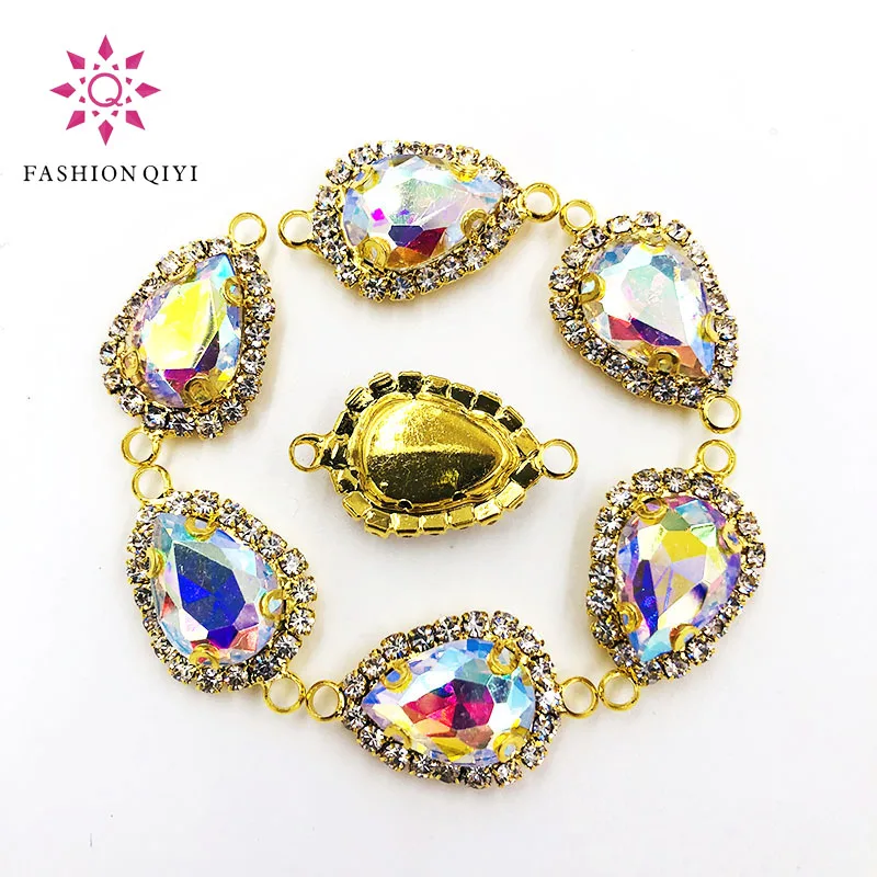 Gold bottom teardrop Double loop Crystal button AB color high quality Glass Crystal sew on rhinestones diy/Clothing accessories