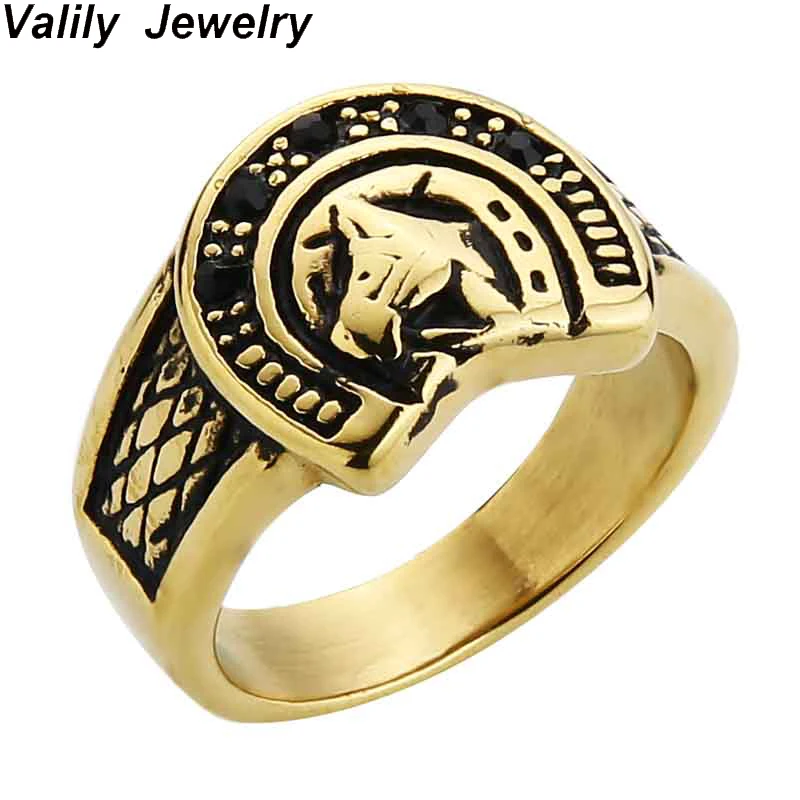 Valily Jewelry Mens Personality Lucky Horseshoe Ring Stainless Steel Vintage Gold Ring Band Finger anillos mujer ,US Size 7--13