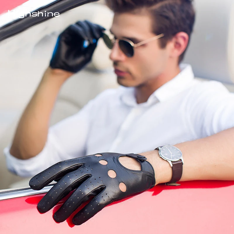 Highshine Luxe Echte Rijhandschoenen Voor Heren Ongevoerd Touchscreen Zachte Dunne Pasvorm Handkorte Leren Handschoenen