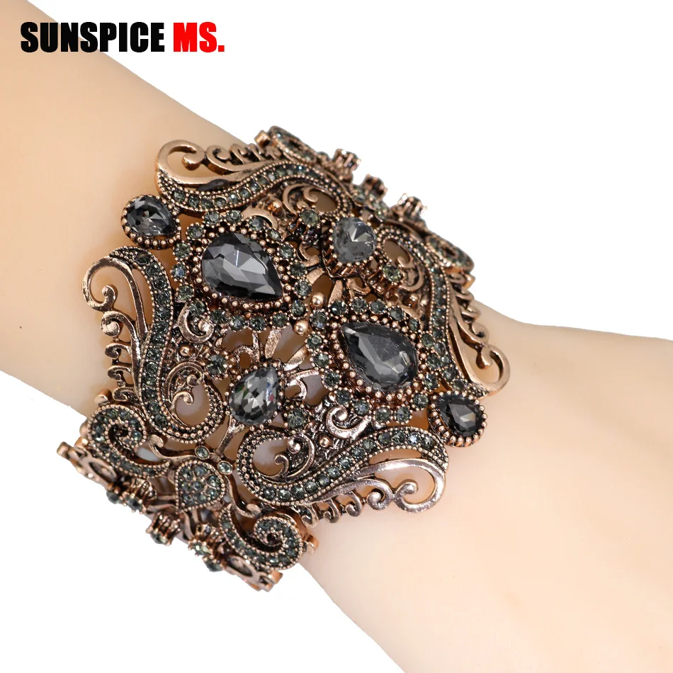 Sunspicems Retro Vintage Indian Wide Flower Bangle Cuff Women Antique Gold Color Spring Bangles Bracelet Turkish Wedding Bijoux