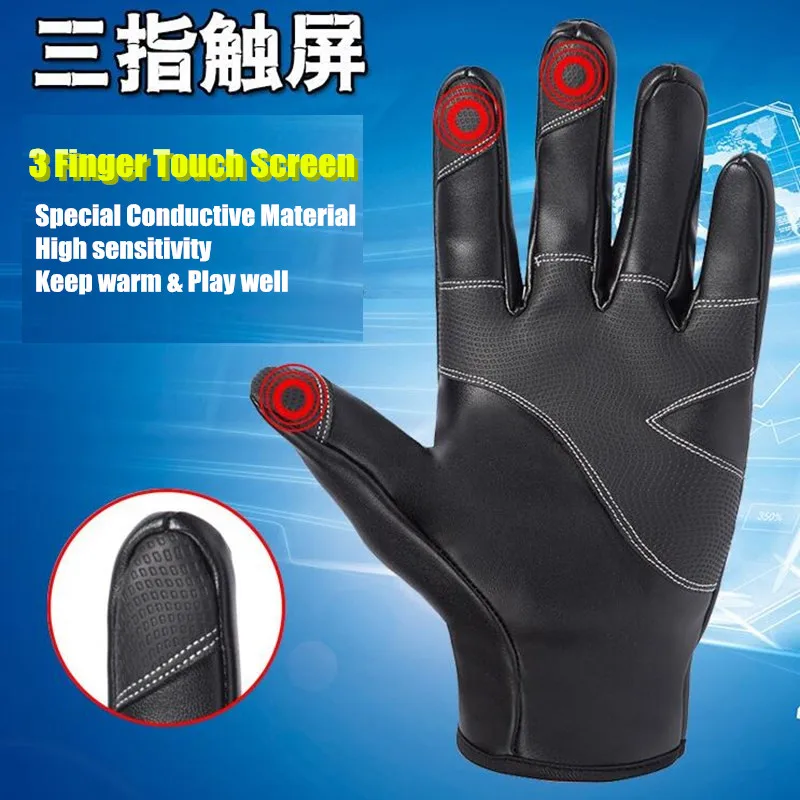 High-quality Unisex Winter Warm Windproof Waterproof PU Leather Gloves,Gold Velvet Neri,Non-slip,3-Finger Touch Screen Gloves