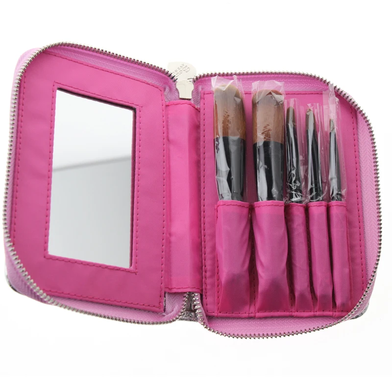 16*11.5Cm Professionele Cosmetische Make-Up Borstel Tas Met Spiegel En 5Pcs Borstels