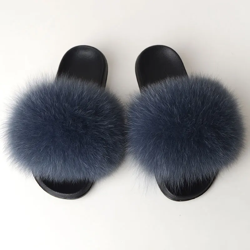 Women Summer Casual Fluffy Slippers With Fur Flat Non-Slip Real Fox Fur Furry Slides Large Size Shoes Fur Sandals