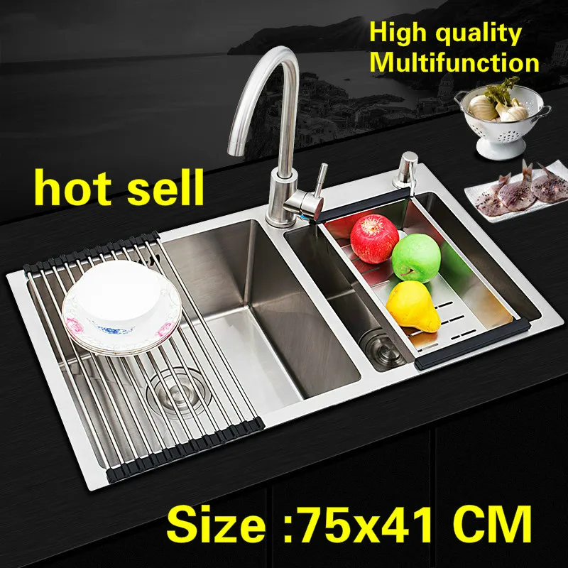 

Free shipping Apartment kitchen manual sink double groove standard food grade 304 stainless steel hot sell 750x410 MM