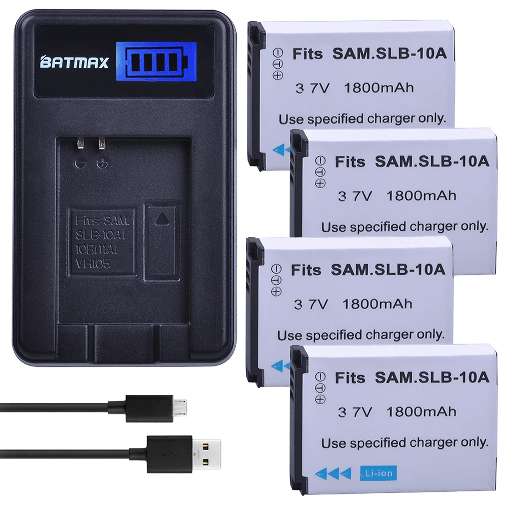 Batmax 4pc 1800mAh SLB-10A SLB10A Li-ion Camera Battery+LCD USB Charger for Samsung P800 P1000 PL50 PL51 PL55 SL420 SL502 SL620