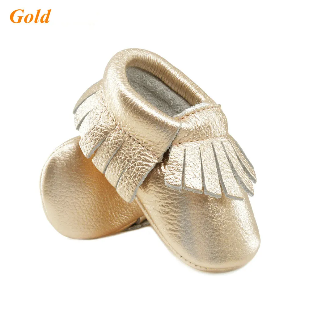 Shine Pink Genuine Leather Baby moccasins Soft Rose gold Baby girl shoes First Walkers infant Fringe Shoes 0-30 month 16 color