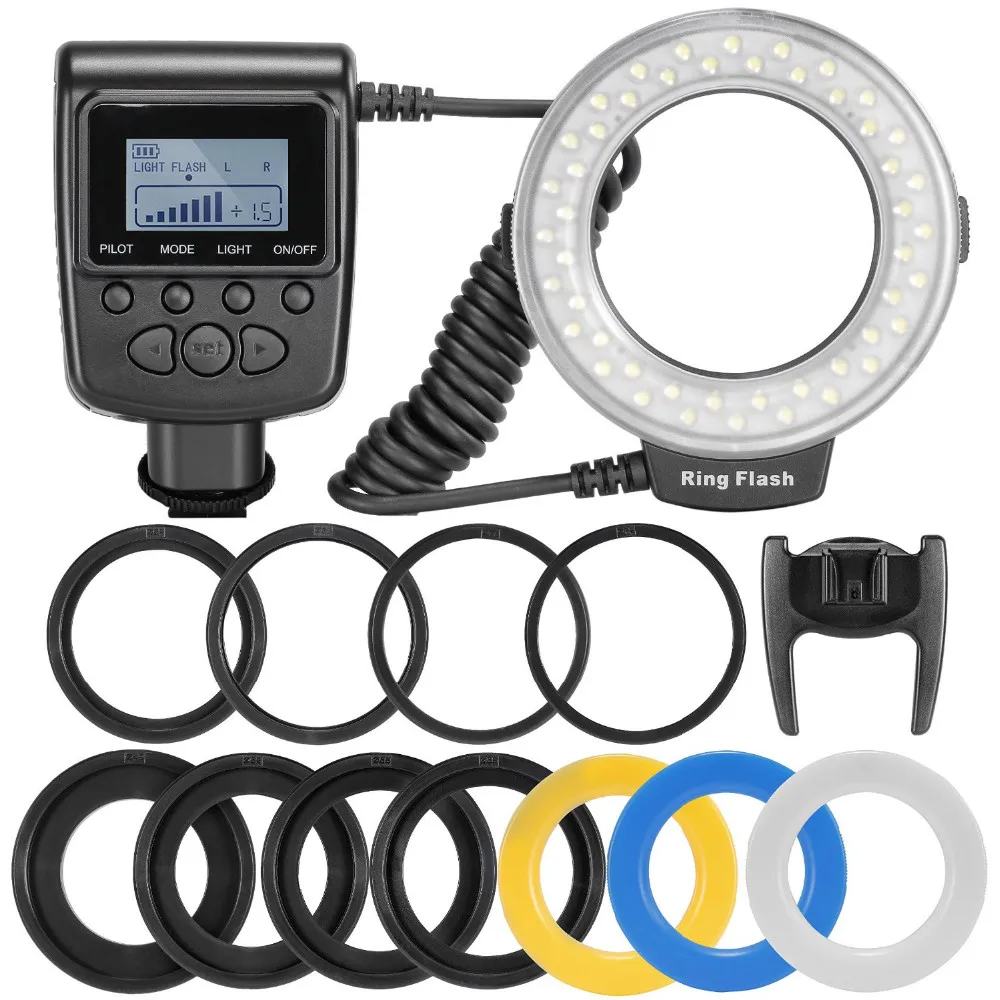 

RF-550D 48pcs Macro LED Ring Flash Bundle with 8 Adapter Ring for Canon Nikon Pentax Olympus Panasonic DSLR SLR Camera