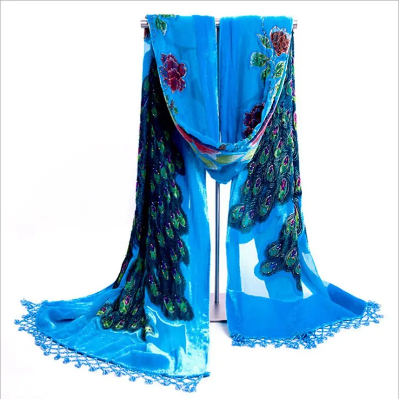 Hot Sale Women\'s Handbeaded Rectangle Silk Velvet Shawl/Scarf Peacocks SH-0011