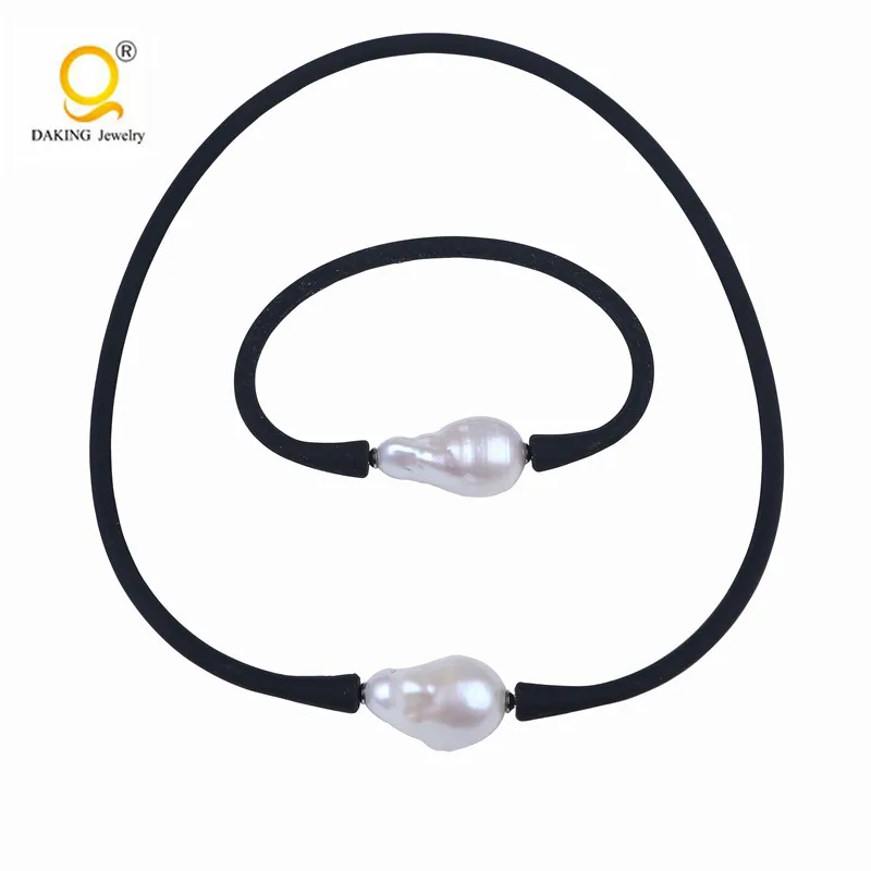 Fashion Design Good Quality Big Pearl Bead Black Rubber Silicone String Necklace Sports Golf Baseball Necklace Bracelet Jewelry