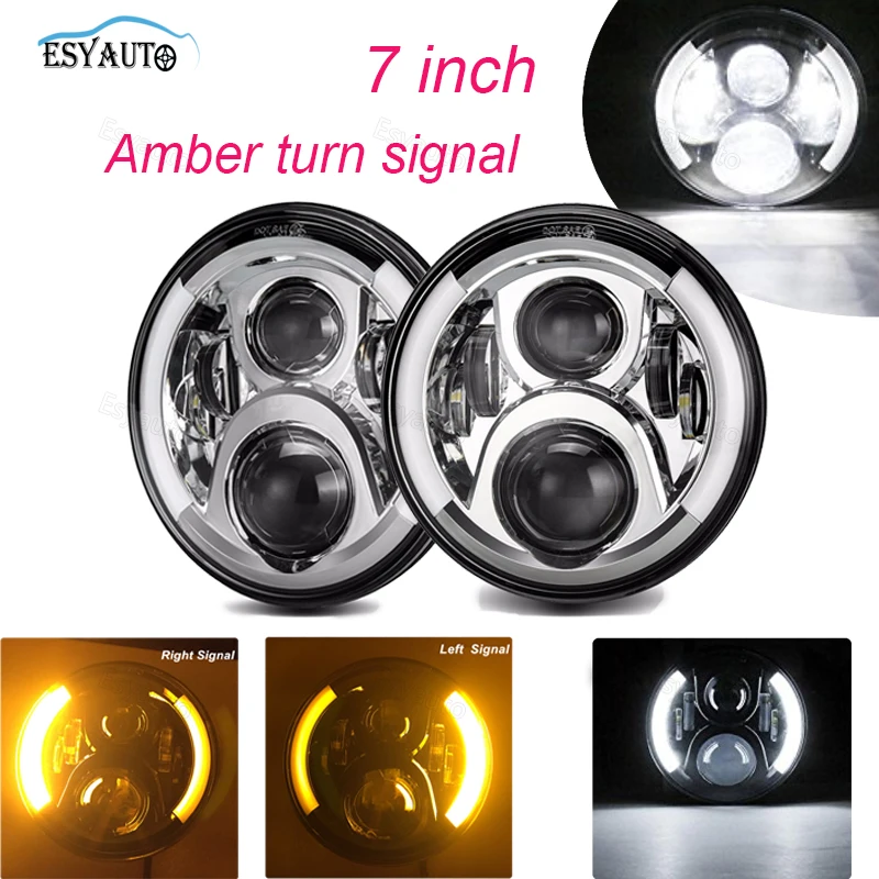 2PCS 7 inch LED Headlight with Side Halo Angel Eye Hi/lo Beam Headlight white DRL Yellow turning lamp for Jeep Wrangler JK