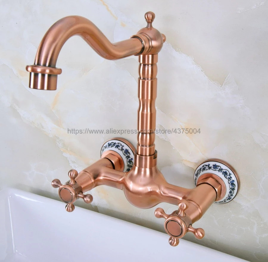 Antique Red Copper Swivel Spout Kitchen Sink Faucet / Wall Mounted Dual Cross Handles Bathroom Basin Mixer Taps Nnf942