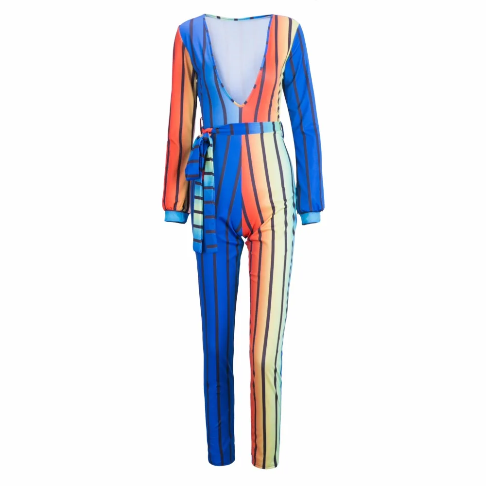 2019 Spring Women Striped Jumpsuit Plus size Clothing Sexy V-neck Bodysuit Sashes