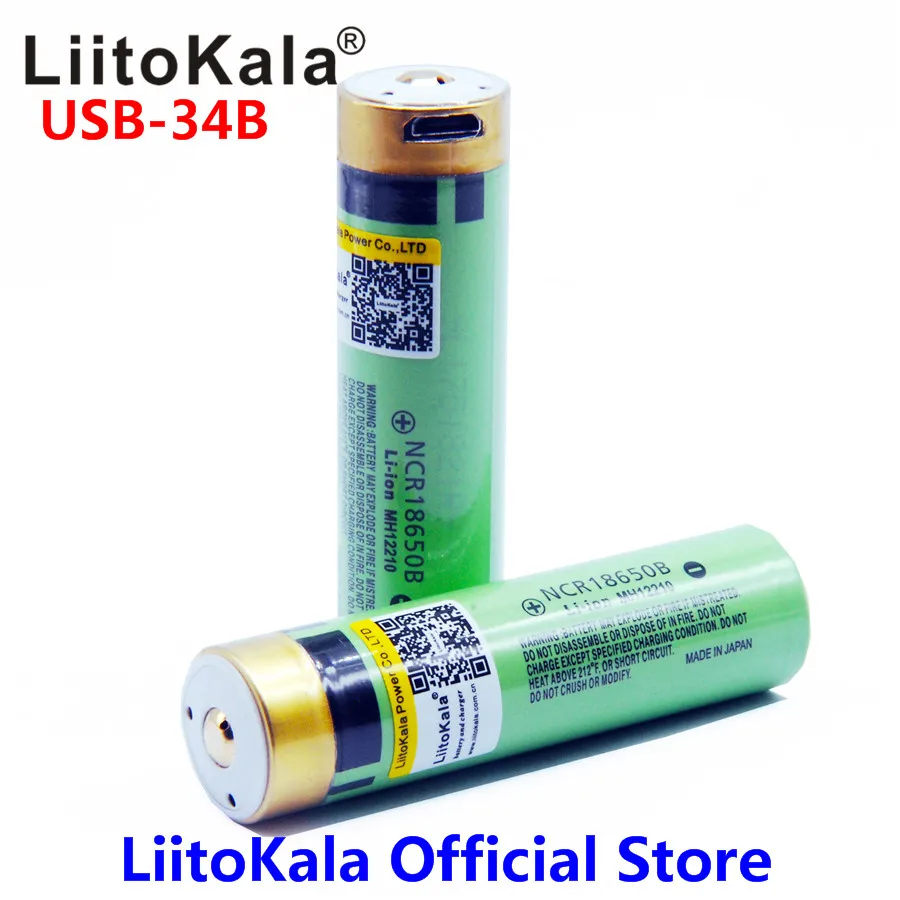 LiitoKala USB-34B 3.7V 18650 3400mAh batteria ricaricabile USB agli ioni di litio con indicatore luminoso a LED ricarica cc