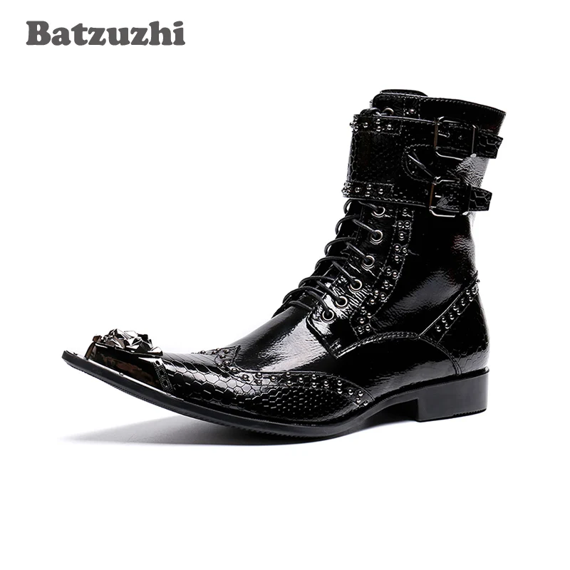 Batzuzhi Western Boots Men Pointed Metal Tip Rock Black Motorcycle Boots Men Botas Hombre Buckles zapatos de hombre,46