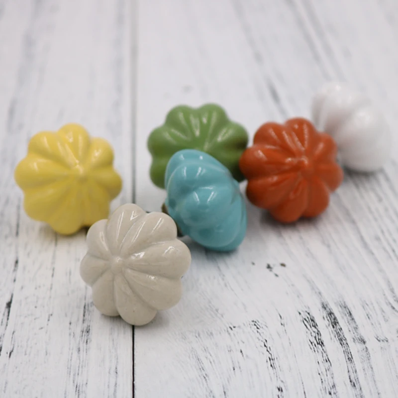 1x Rural Style Multi-color Ceramic Pumpkin Door Knob Kitchen Cabinet Cupboard Wardrobe Children Room Furniture Pulls Handles